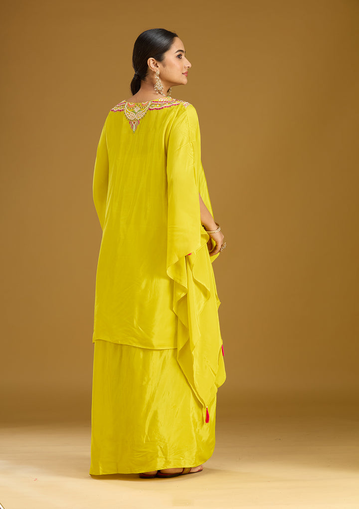 Yellow Threadwork Satin Readymade Salwar Suit