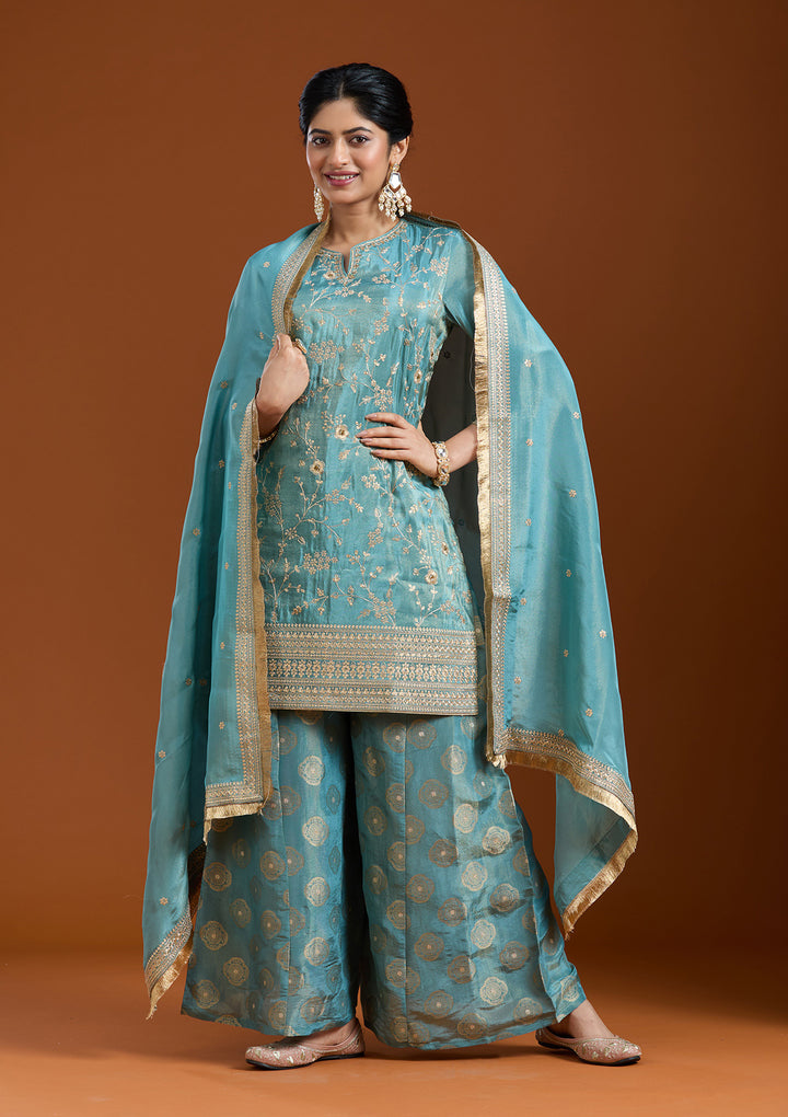 Turquoise Blue Pitawork Tissue Readymade Salwar Suit