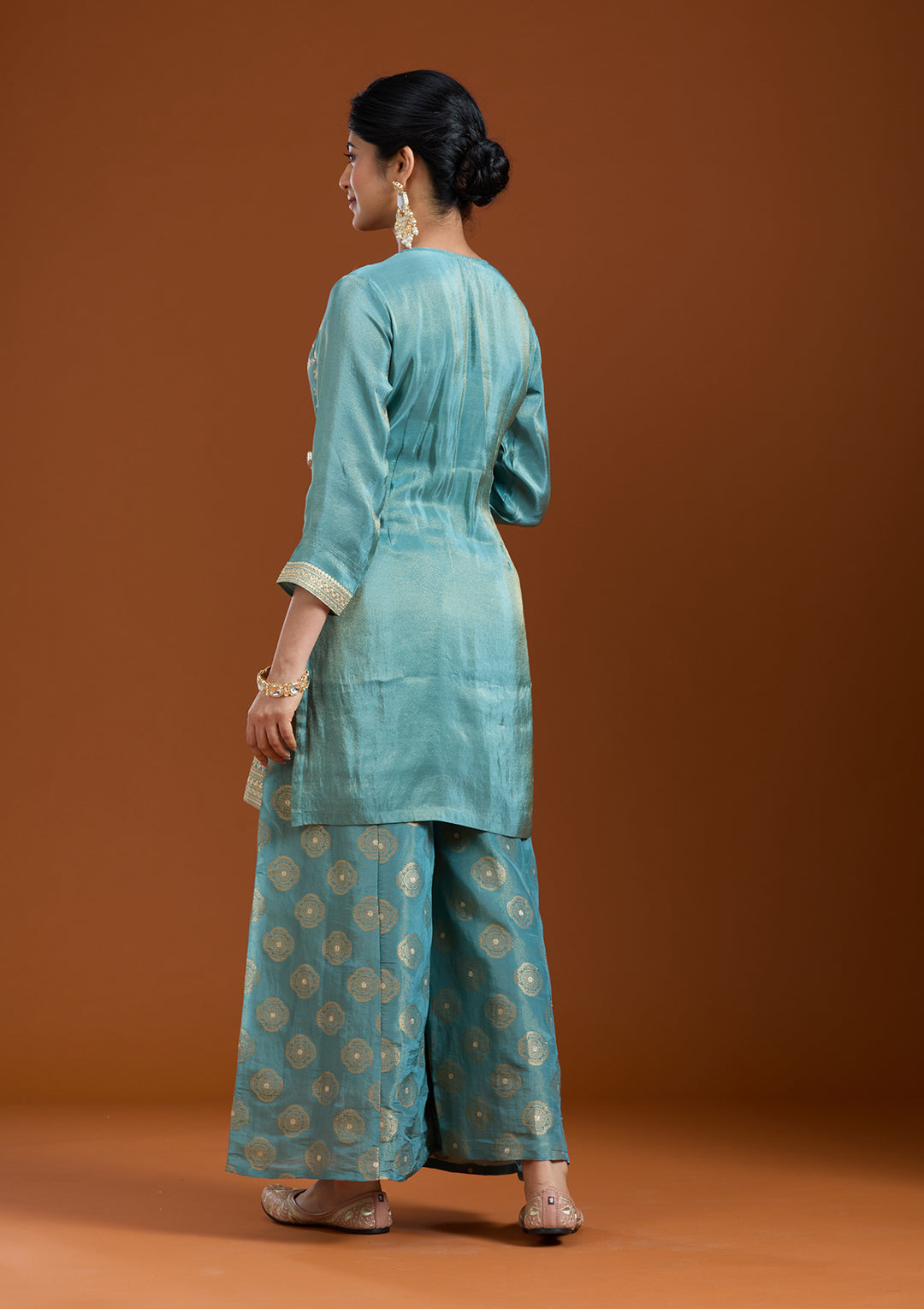 Turquoise Blue Pitawork Tissue Readymade Salwar Suit