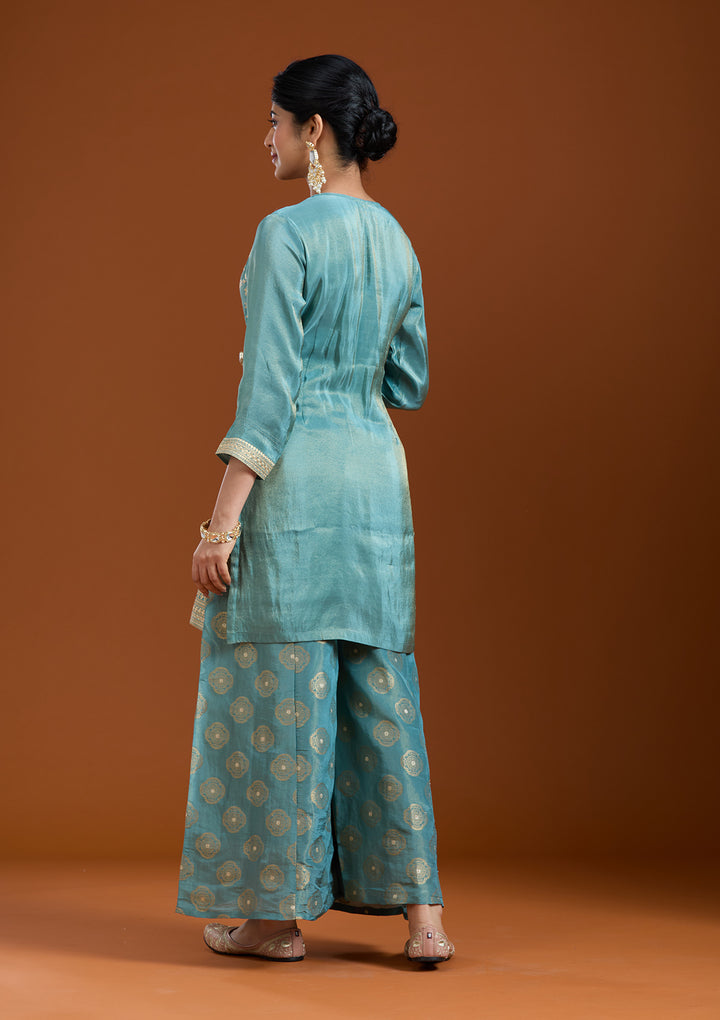 Turquoise Blue Pitawork Tissue Readymade Salwar Suit