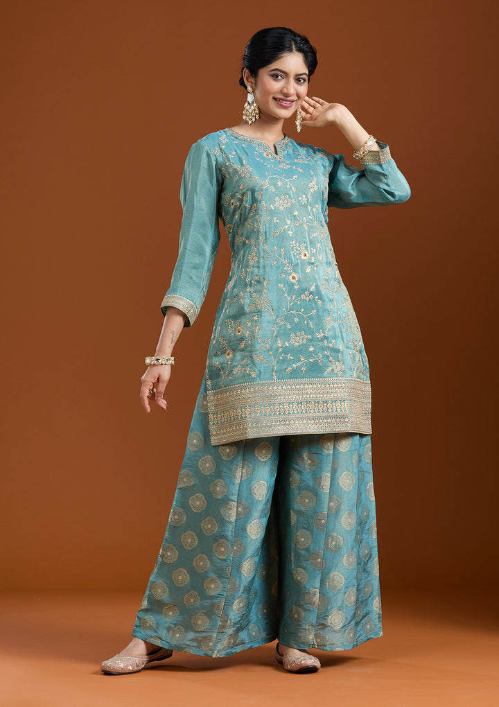 Turquoise Blue Pitawork Tissue Readymade Salwar Suit
