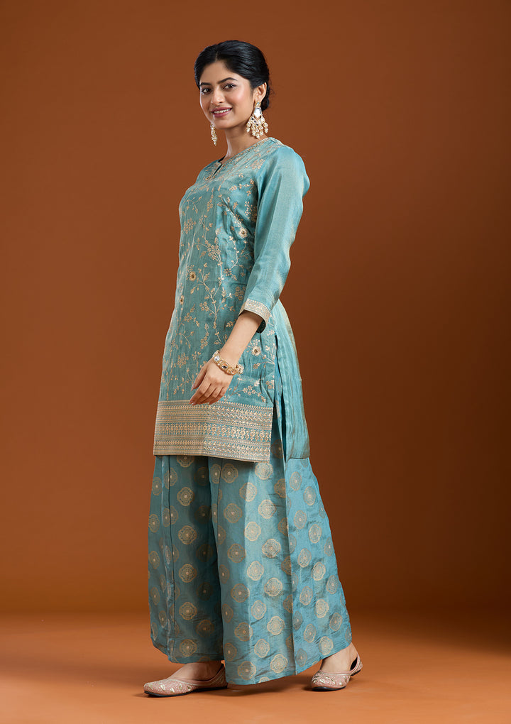 Turquoise Blue Pitawork Tissue Readymade Salwar Suit