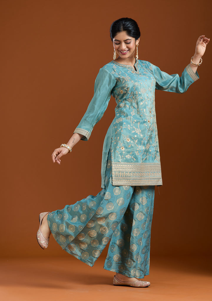 Turquoise Blue Pitawork Tissue Readymade Salwar Suit
