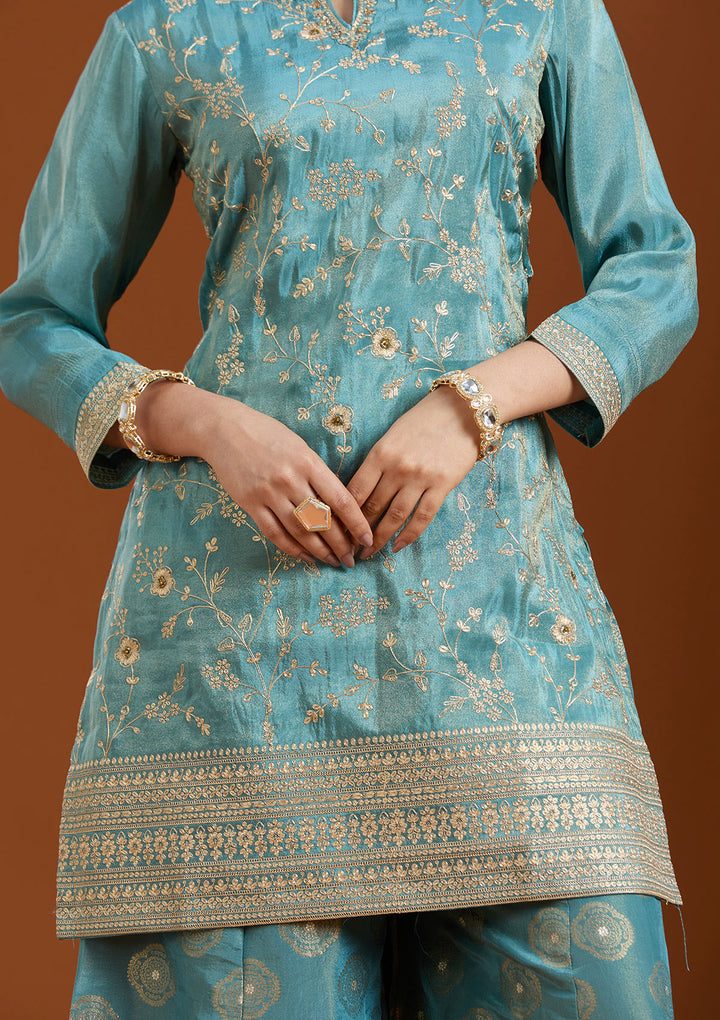 Turquoise Blue Pitawork Tissue Readymade Salwar Suit