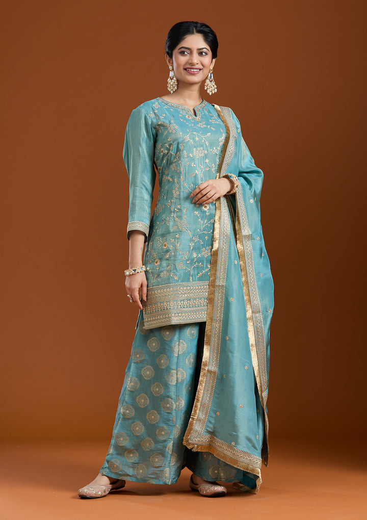 Turquoise Blue Pitawork Tissue Readymade Salwar Suit