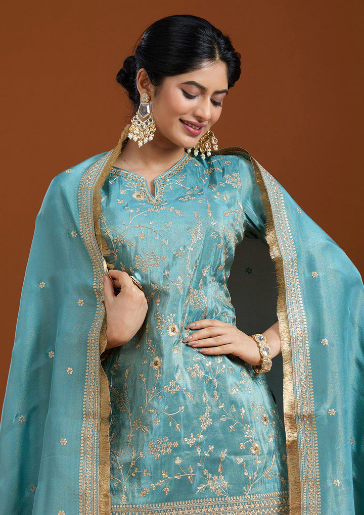 Turquoise Blue Pitawork Tissue Readymade Salwar Suit