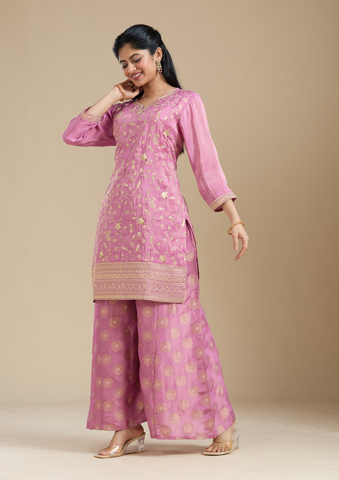 Dark Onion Pink Pitawork Tissue Readymade Salwar Suit
