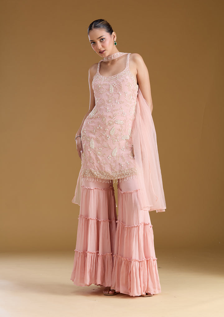 Pink Threadwork Crepe Readymade Salwar Suit