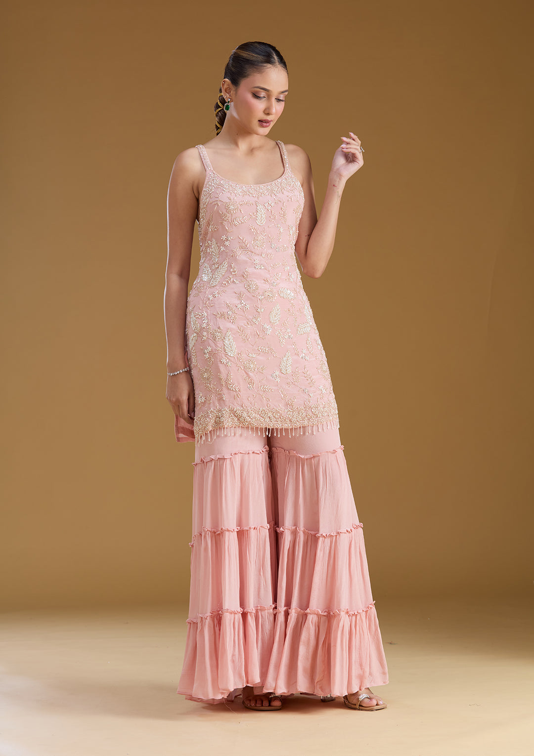 Pink Threadwork Crepe Readymade Salwar Suit