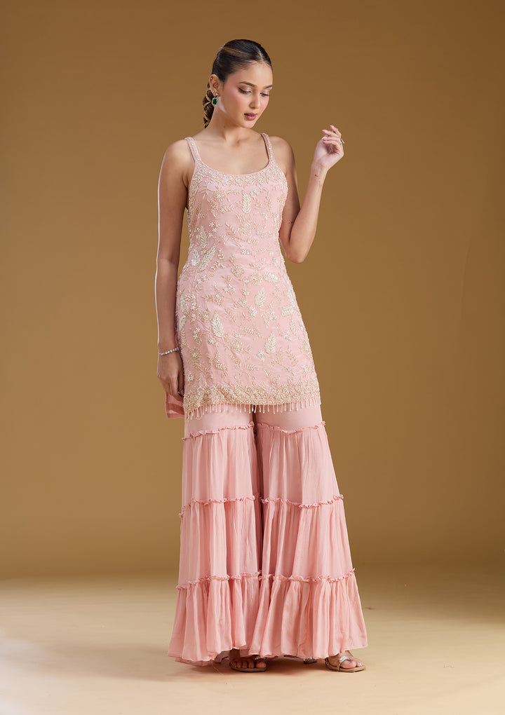 Pink Threadwork Crepe Readymade Salwar Suit