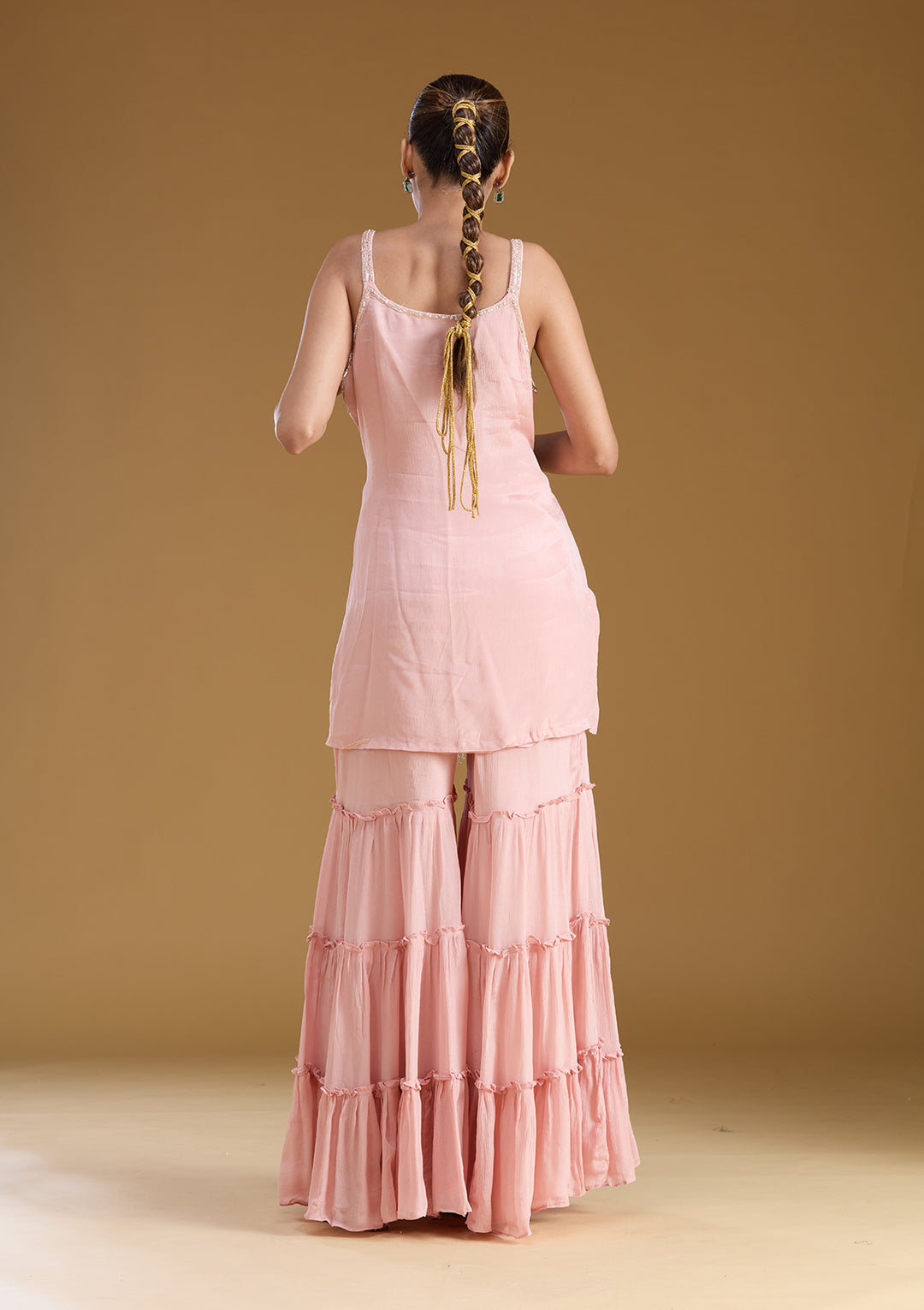 Pink Threadwork Crepe Readymade Salwar Suit