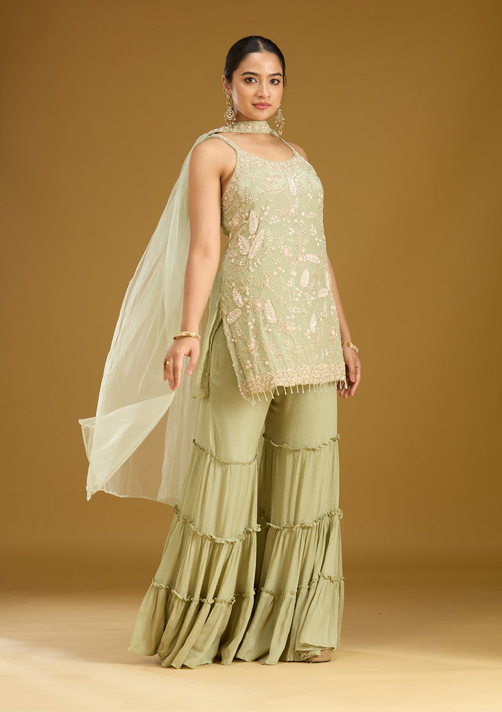Pista Green Threadwork Crepe Readymade Salwar Suit