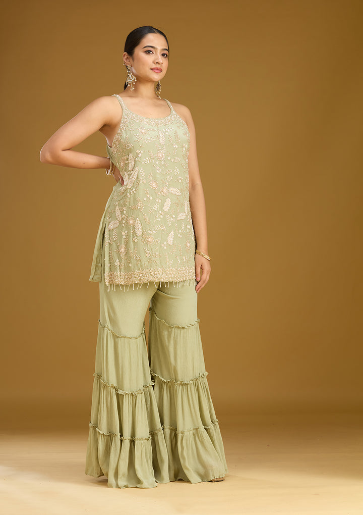 Pista Green Threadwork Crepe Readymade Salwar Suit