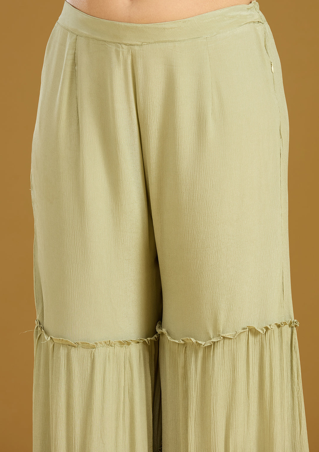 Pista Green Threadwork Crepe Readymade Salwar Suit