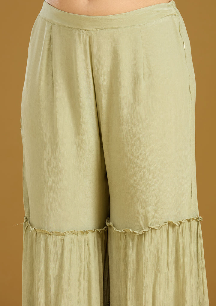 Pista Green Threadwork Crepe Readymade Salwar Suit