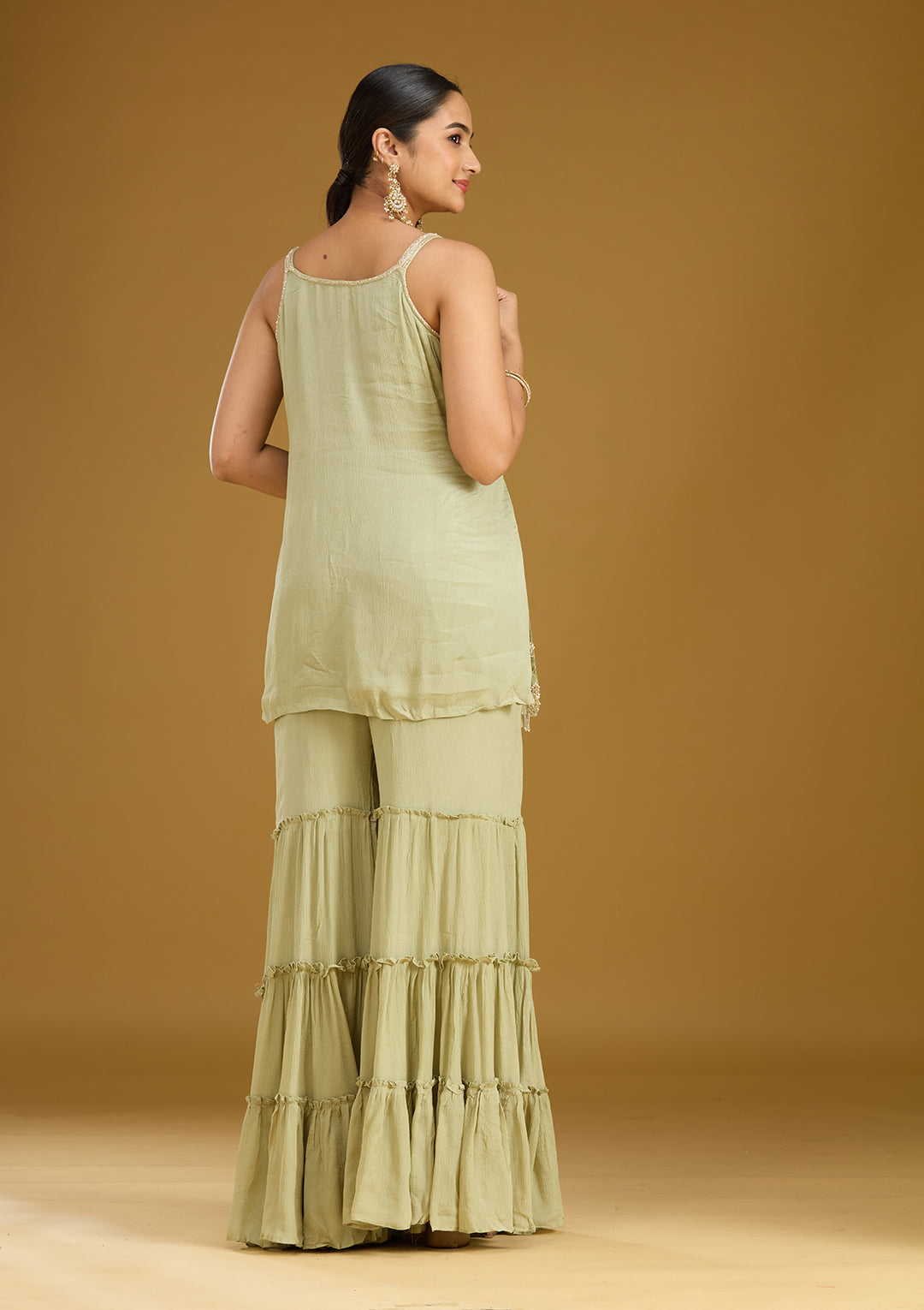 Pista Green Threadwork Crepe Readymade Salwar Suit