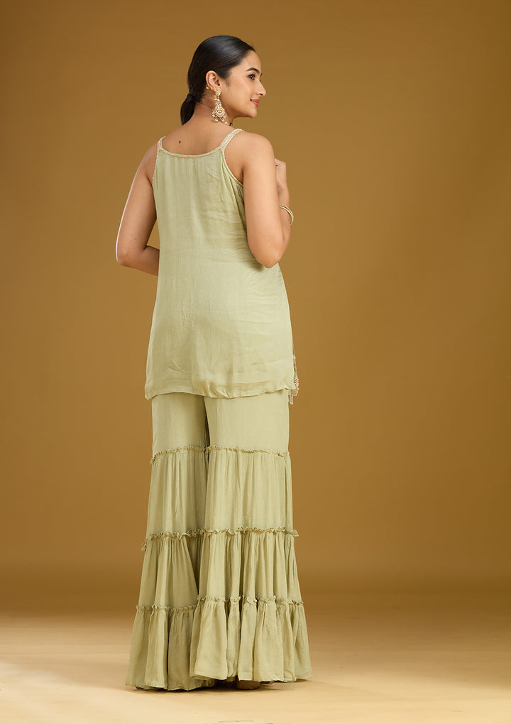 Pista Green Threadwork Crepe Readymade Salwar Suit