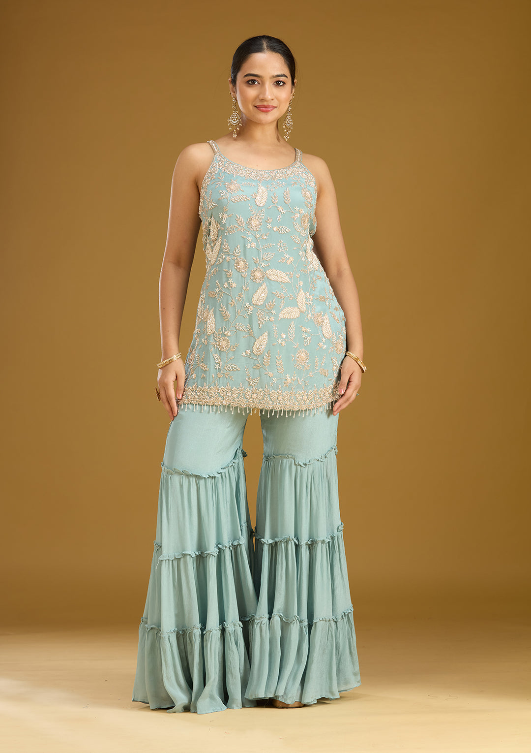 Sea Green Threadwork Crepe Readymade Salwar Suit