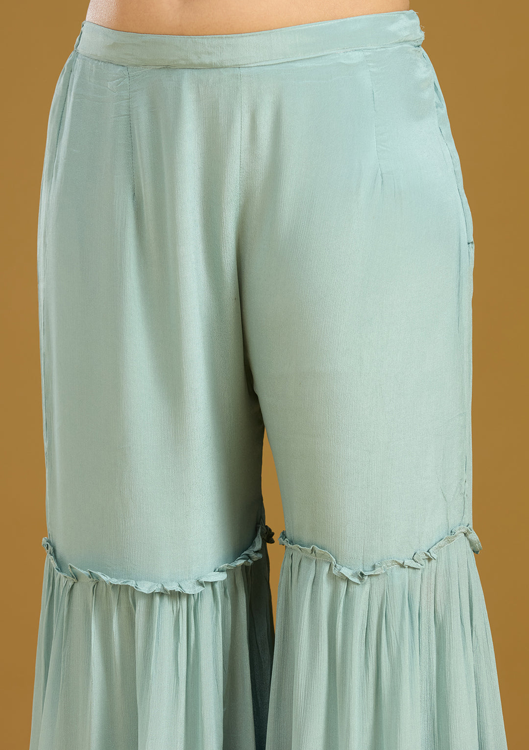 Sea Green Threadwork Crepe Readymade Salwar Suit