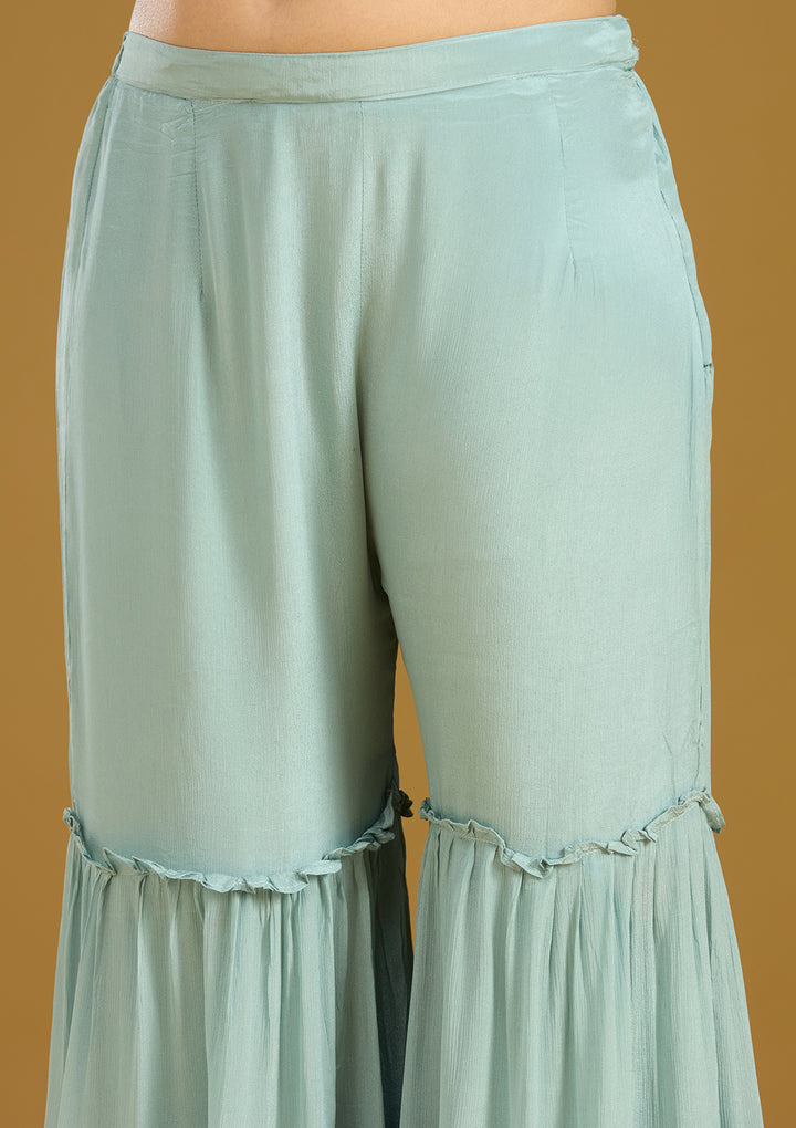 Sea Green Threadwork Crepe Readymade Salwar Suit