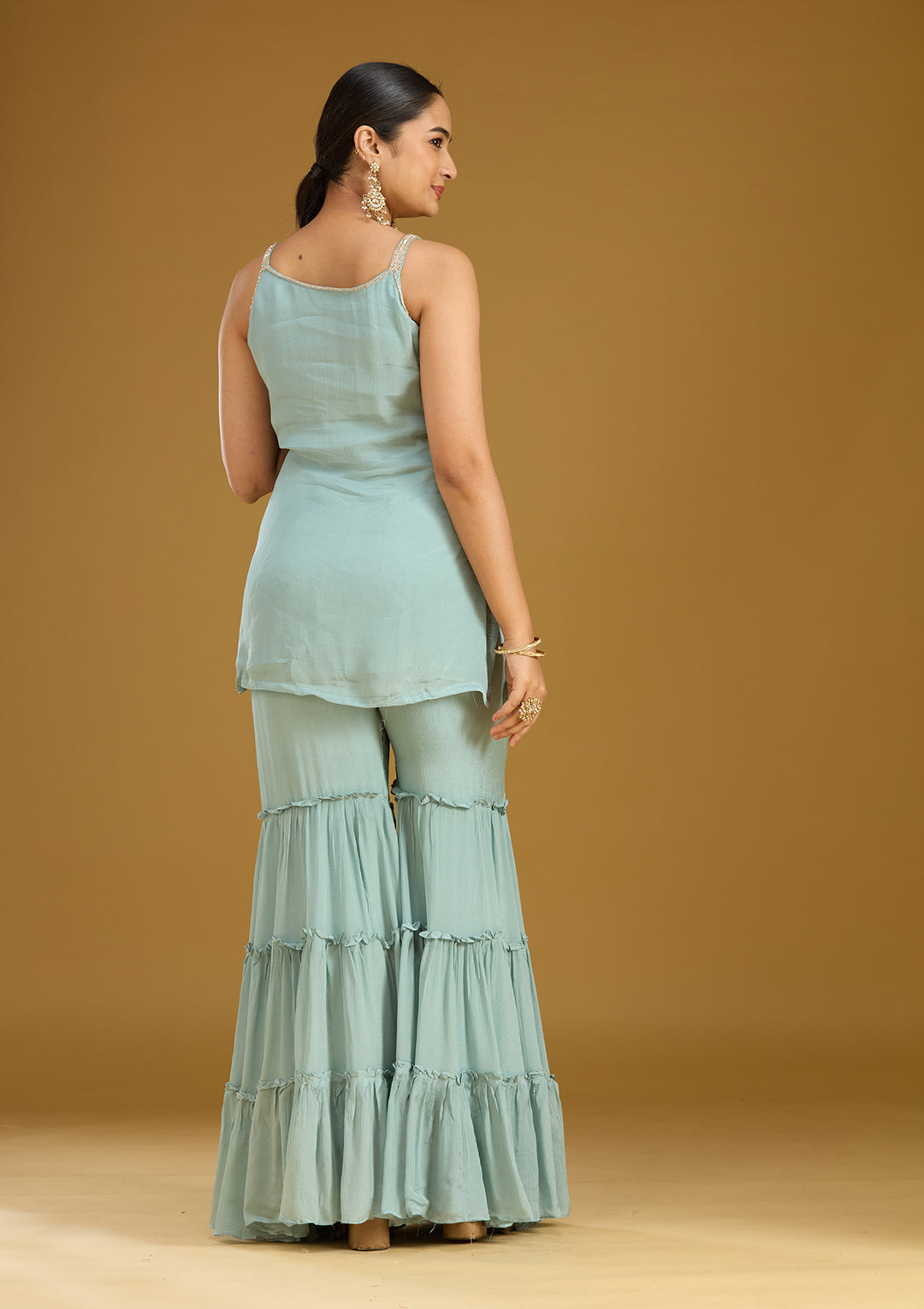 Sea Green Threadwork Crepe Readymade Salwar Suit