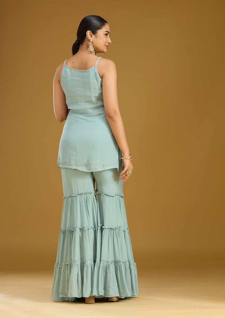 Sea Green Threadwork Crepe Readymade Salwar Suit