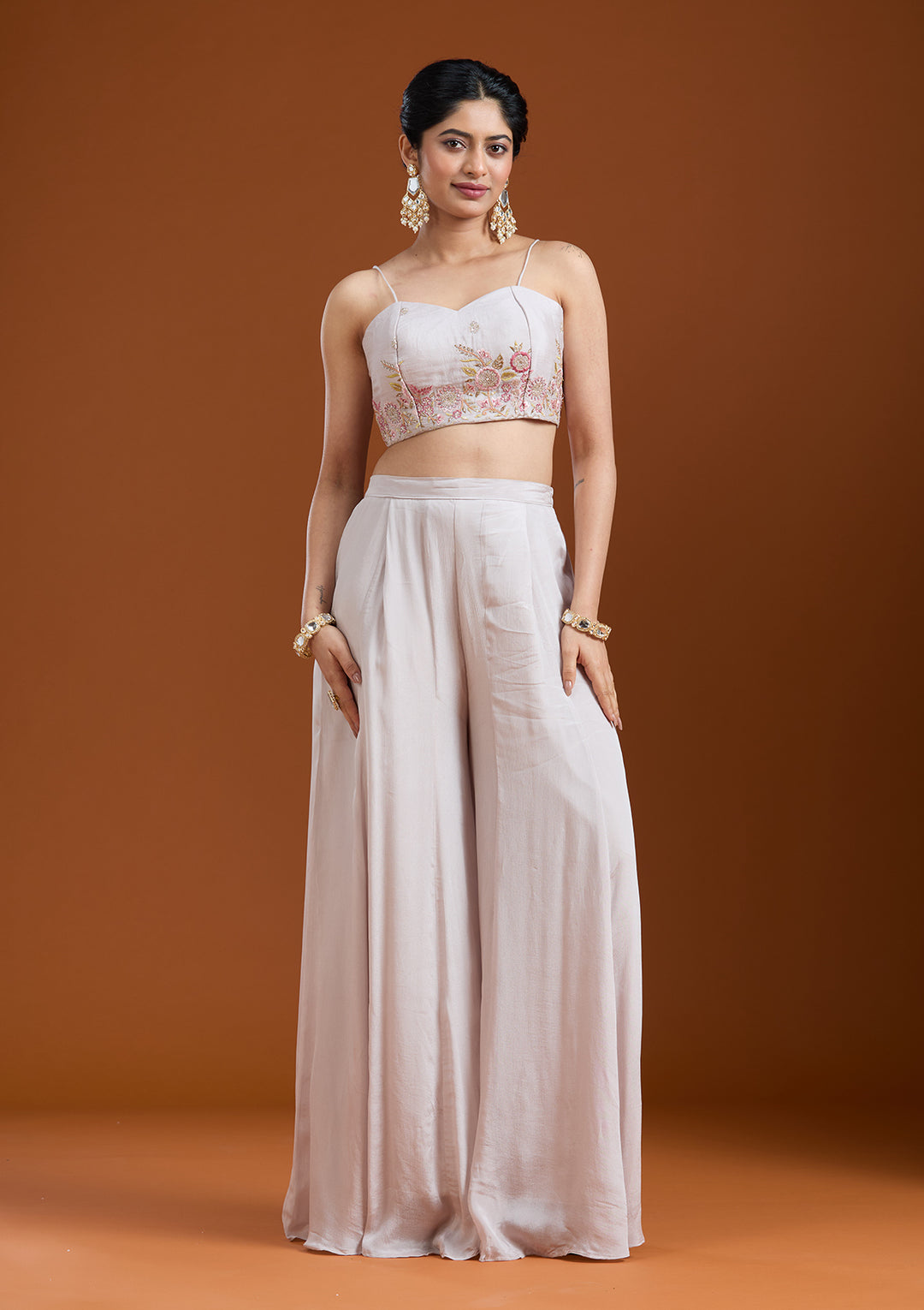 Off White Threadwork Chiffon Readymade Salwar Suit