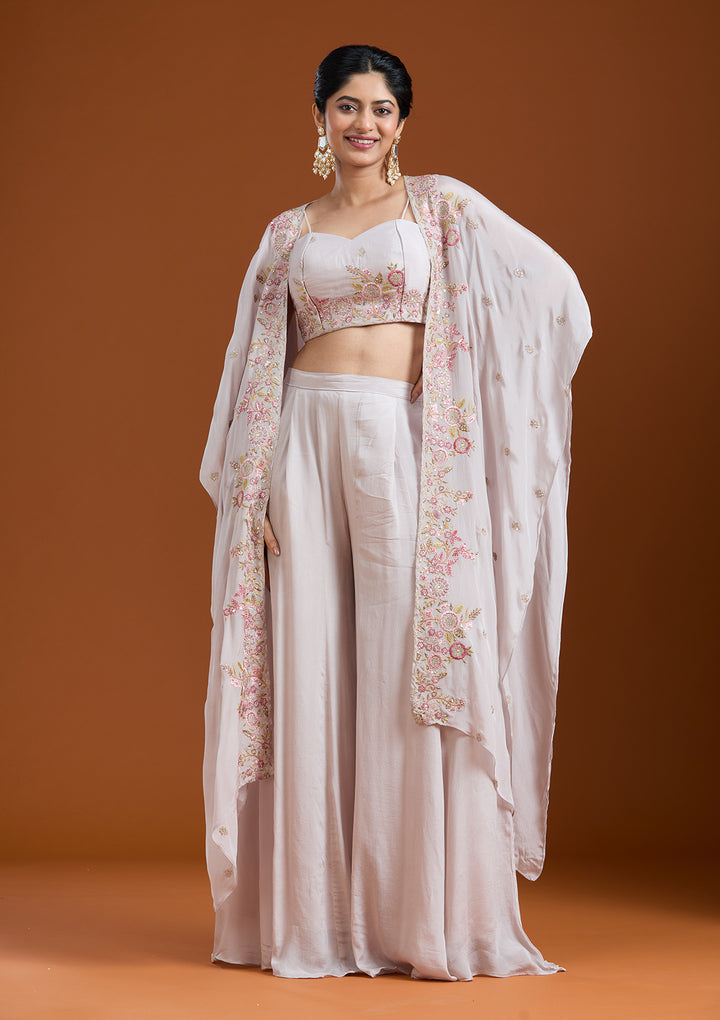 Off White Threadwork Chiffon Readymade Salwar Suit