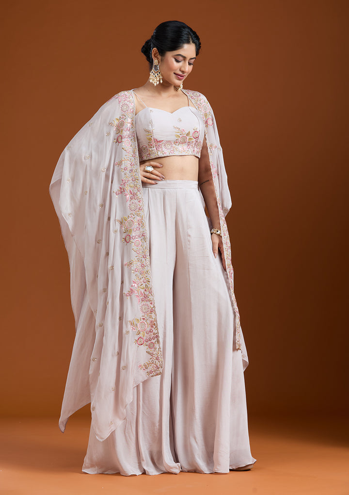 Off White Threadwork Chiffon Readymade Salwar Suit
