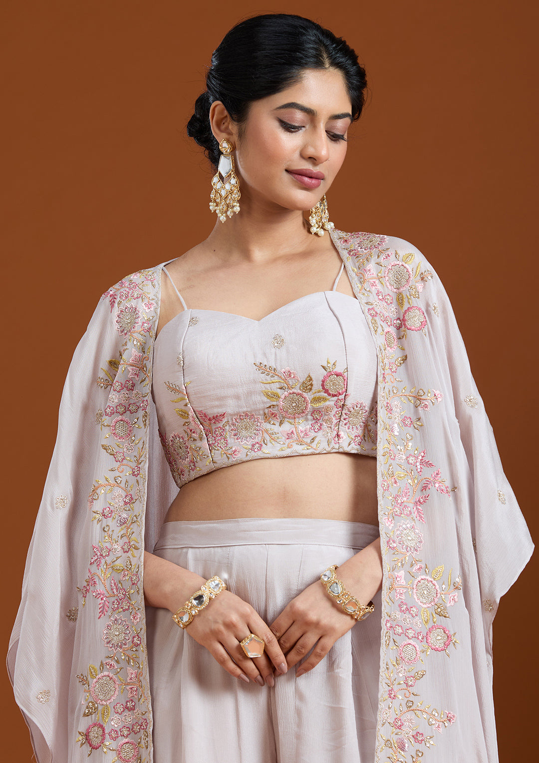 Off White Threadwork Chiffon Readymade Salwar Suit