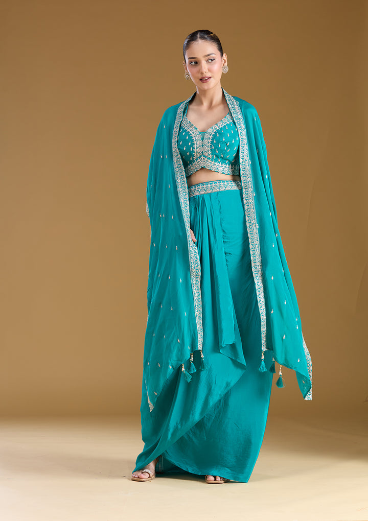 Turquoise Blue Zariwork (Gold) Chiffon Readymade Salwar Suit