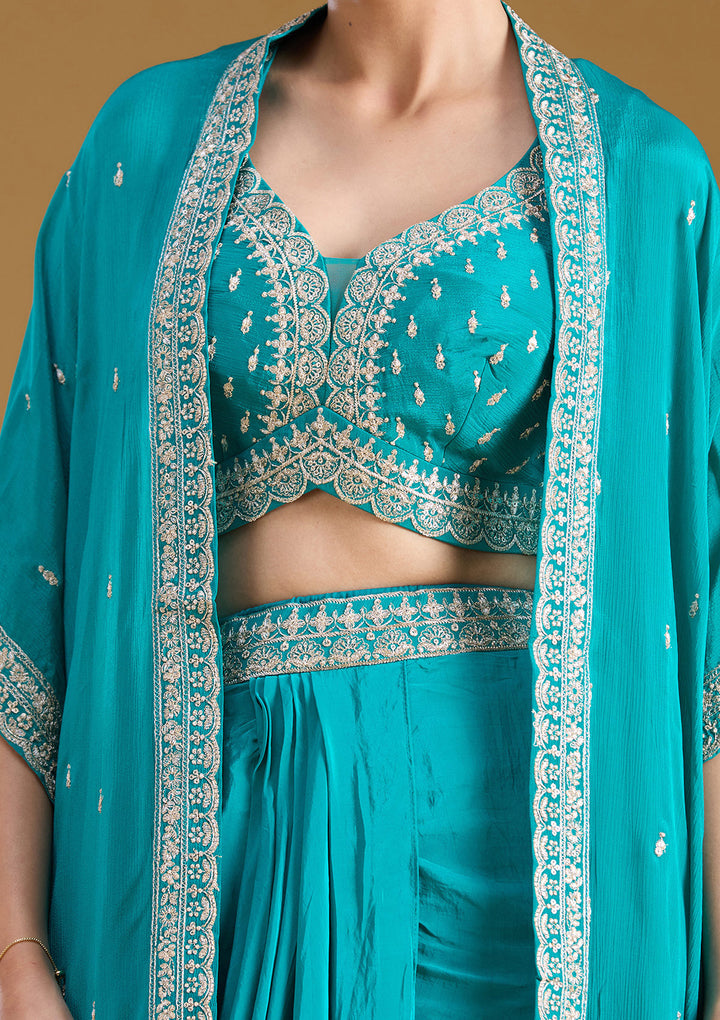 Turquoise Blue Zariwork (Gold) Chiffon Readymade Salwar Suit