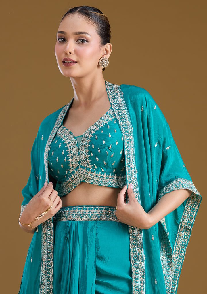 Turquoise Blue Zariwork (Gold) Chiffon Readymade Salwar Suit