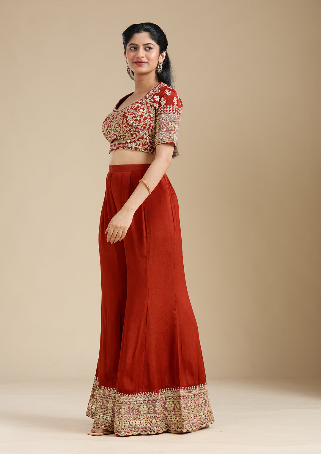 Rust Zariwork (Gold) Chiffon Readymade Salwar Suit
