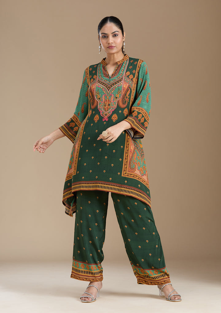 Teal Green Printed Crepe Readymade Salwar Suit