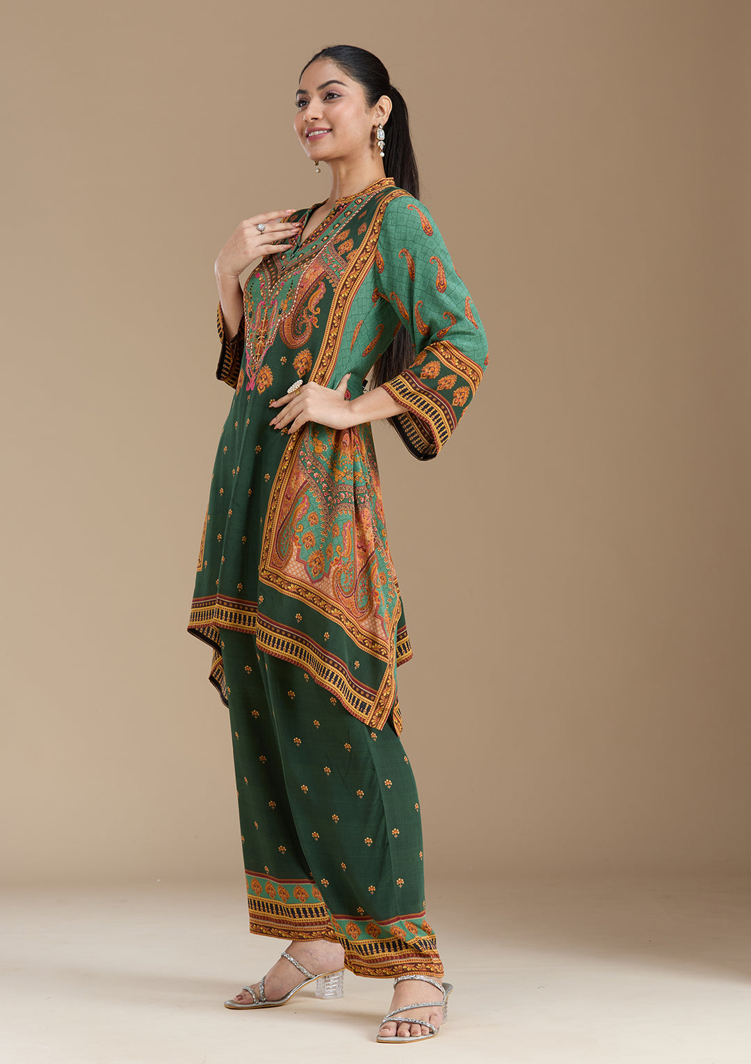 Teal Green Printed Crepe Readymade Salwar Suit