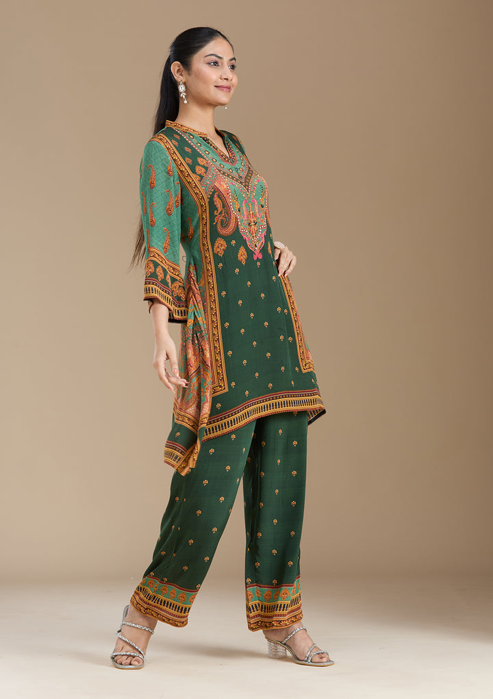Teal Green Printed Crepe Readymade Salwar Suit