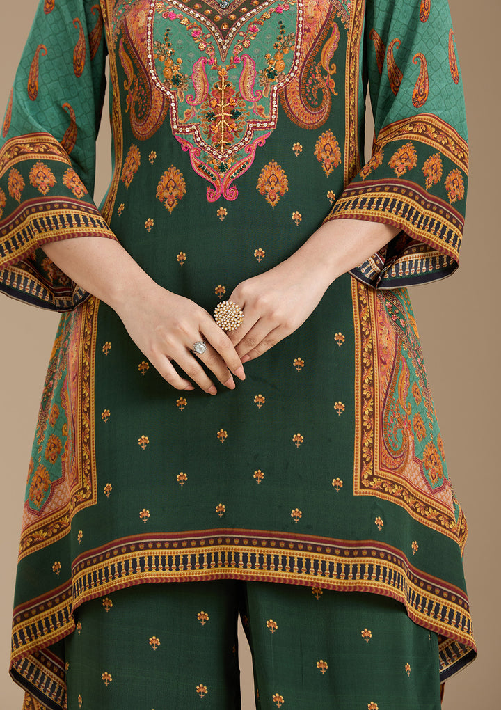 Teal Green Printed Crepe Readymade Salwar Suit
