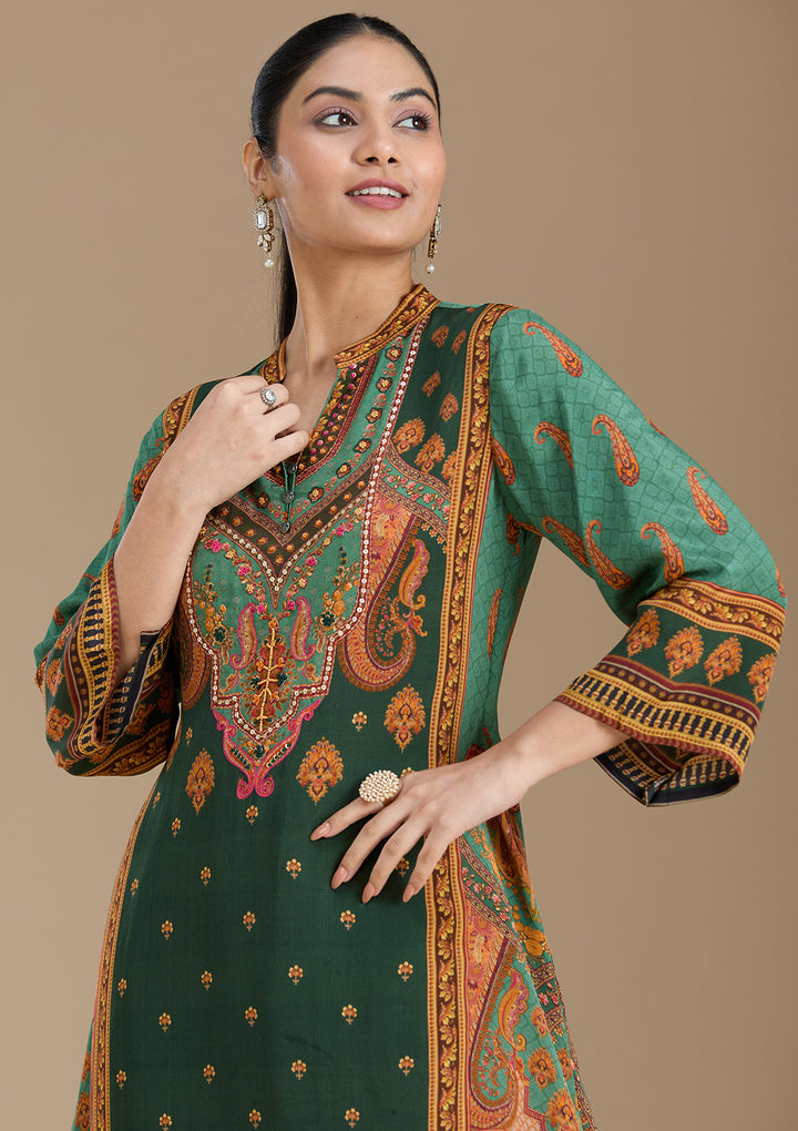 Teal Green Printed Crepe Readymade Salwar Suit