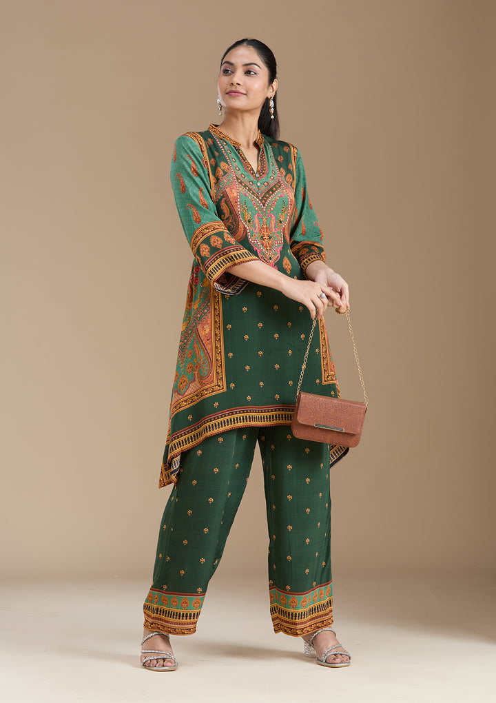 Teal Green Printed Crepe Readymade Salwar Suit