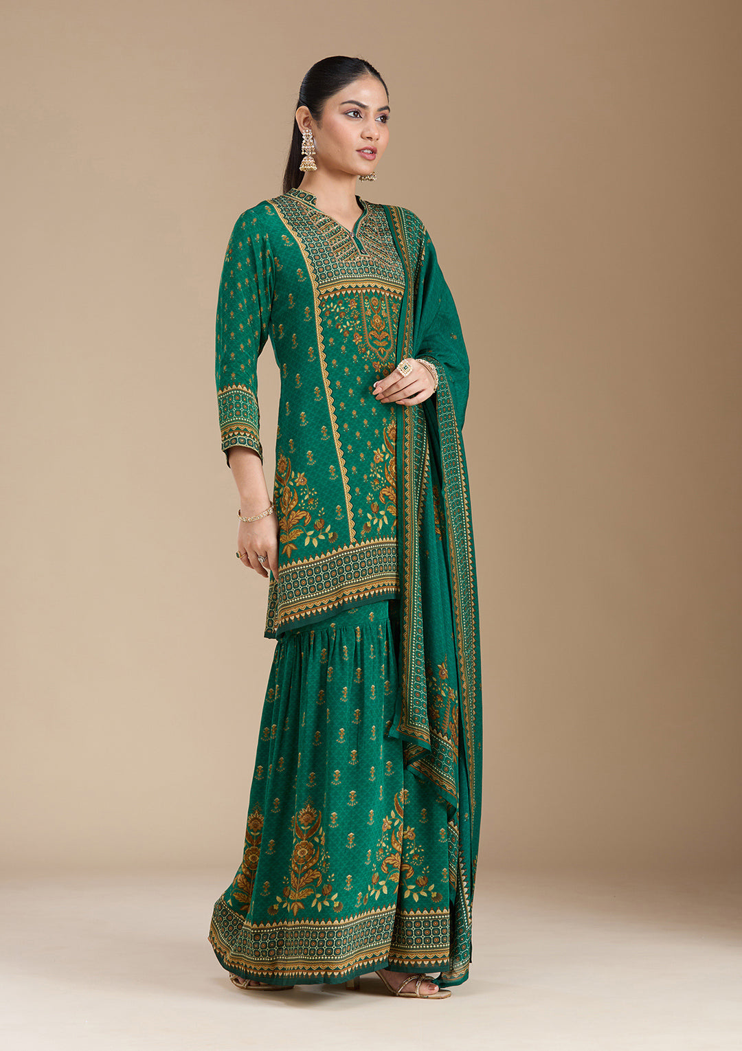Teal Green Printed Crepe Readymade Salwar Suit