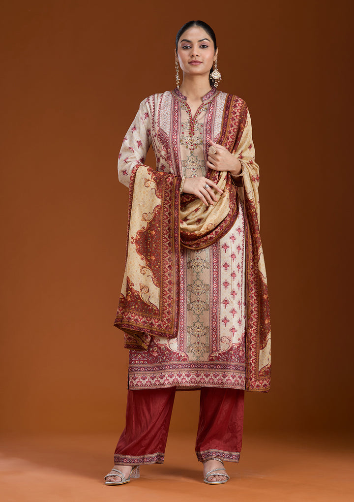 Beige Printed Crepe Readymade Salwar Suit