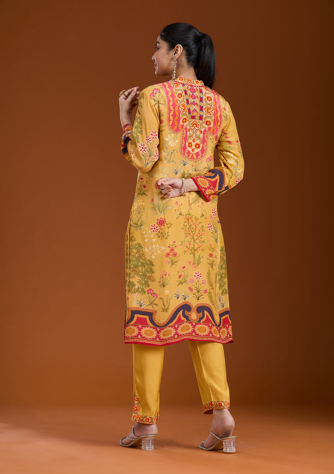 Mustard Yellow Printed Crepe Readymade Salwar Suit