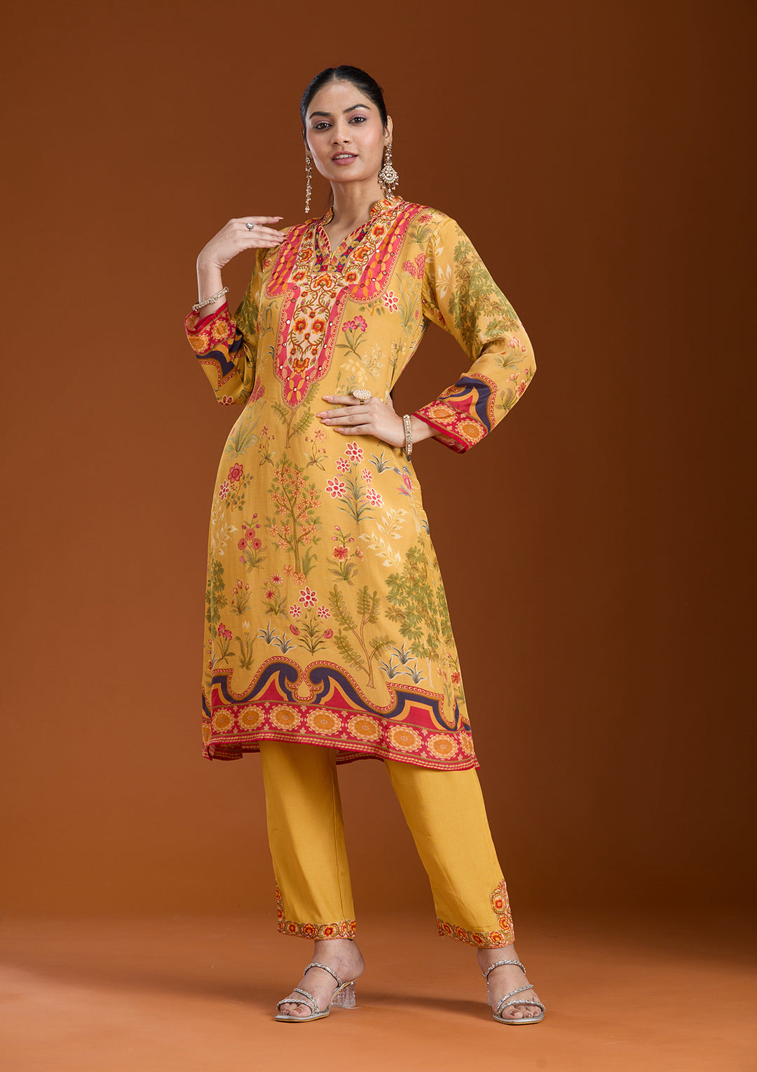 Mustard Yellow Printed Crepe Readymade Salwar Suit