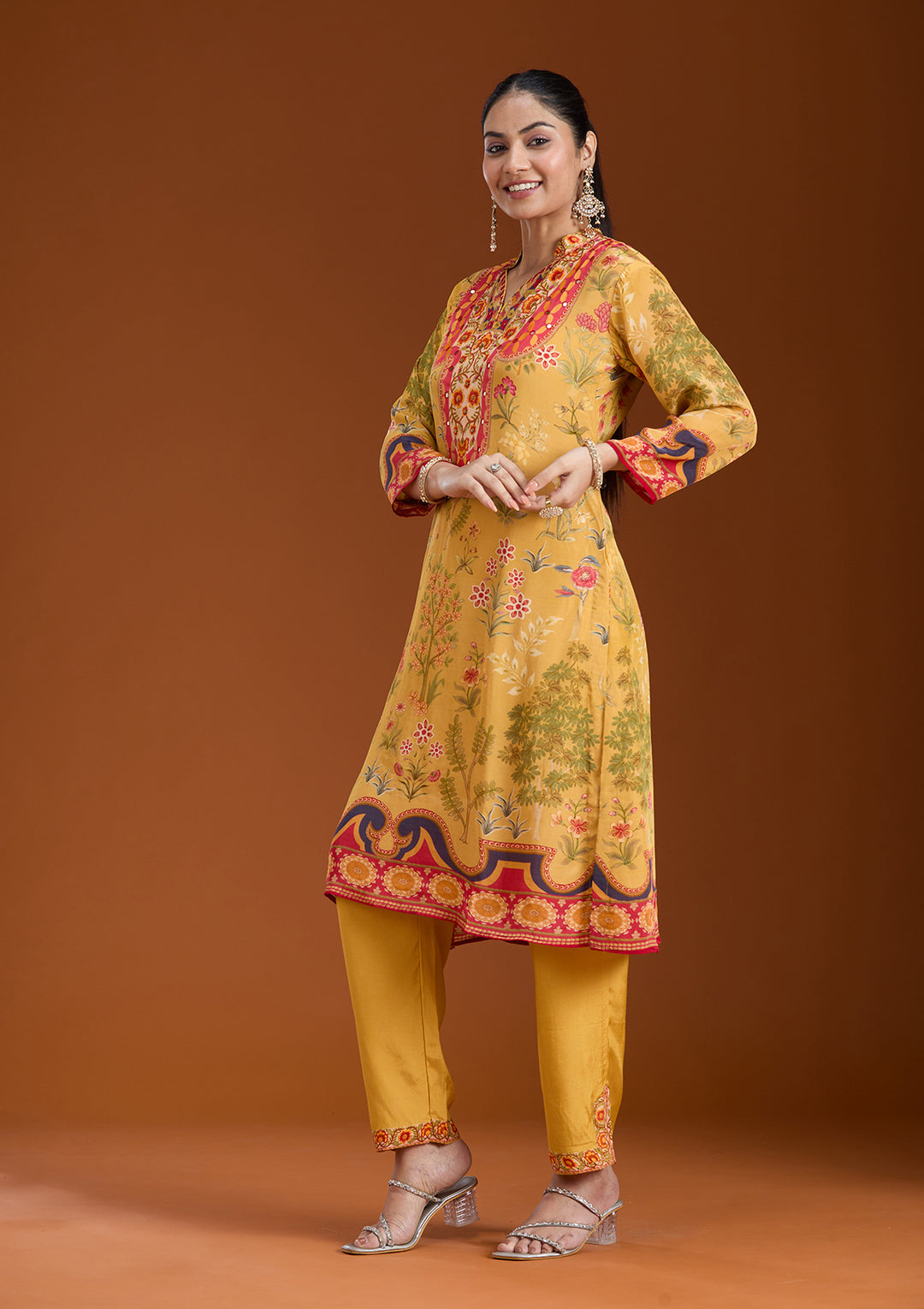 Mustard Yellow Printed Crepe Readymade Salwar Suit