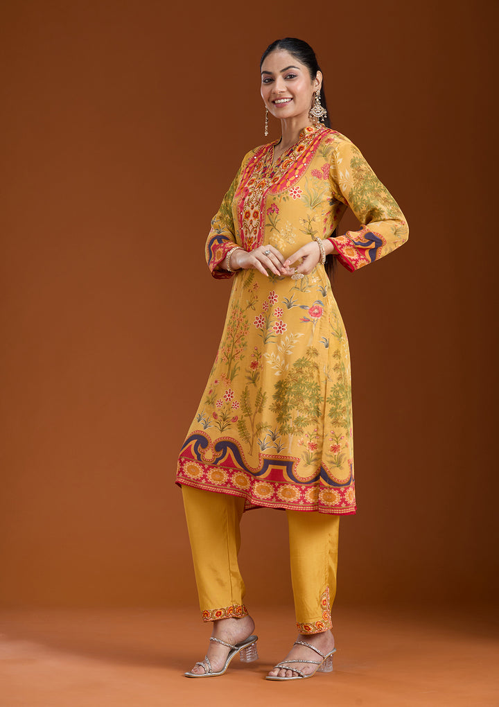 Mustard Yellow Printed Crepe Readymade Salwar Suit