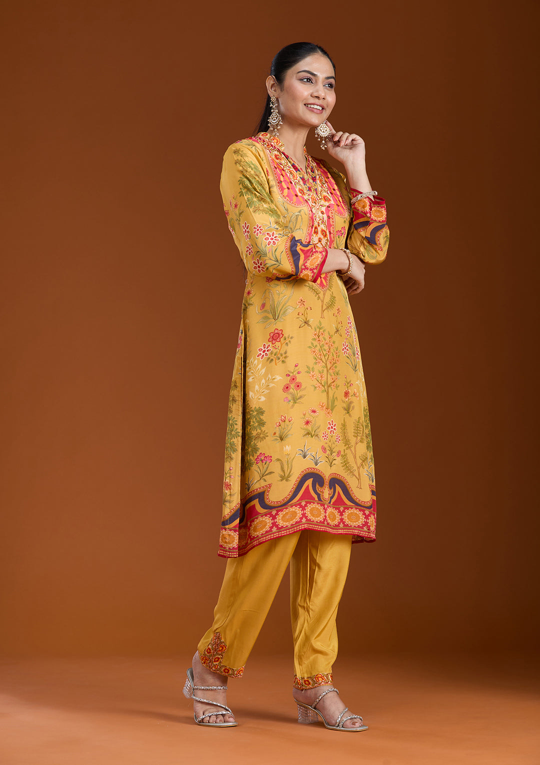 Mustard Yellow Printed Crepe Readymade Salwar Suit