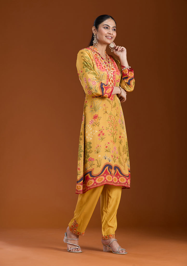 Mustard Yellow Printed Crepe Readymade Salwar Suit