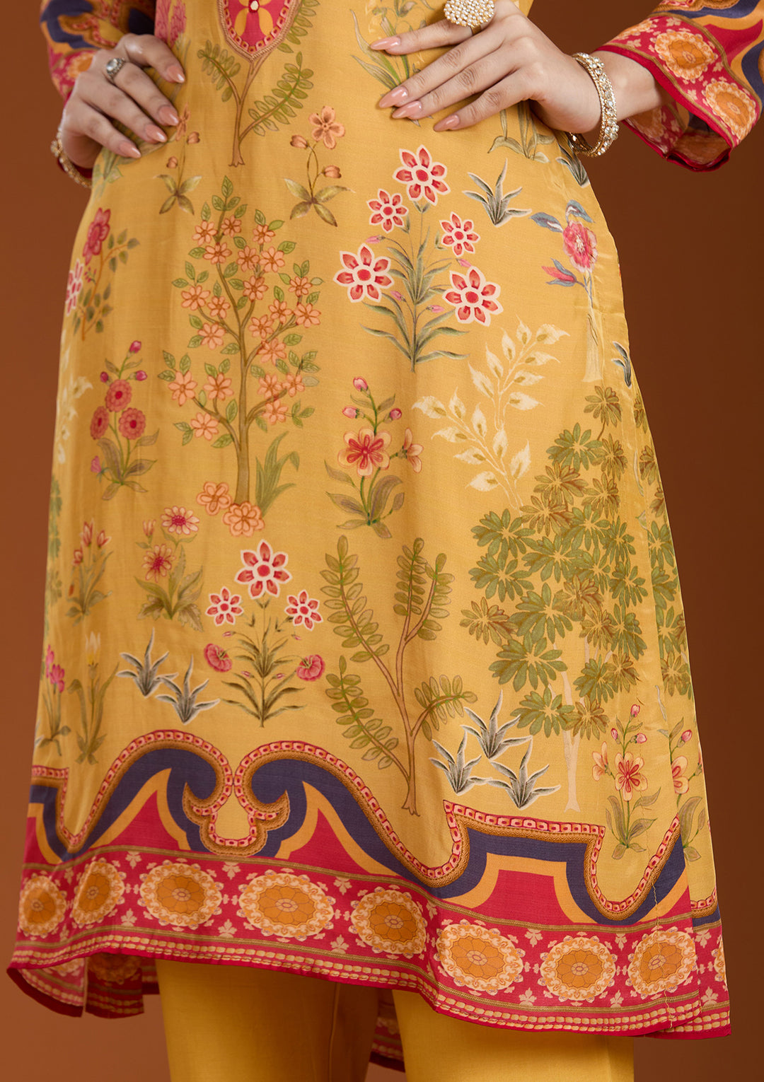 Mustard Yellow Printed Crepe Readymade Salwar Suit