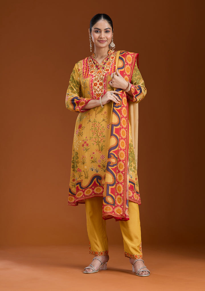 Mustard Yellow Printed Crepe Readymade Salwar Suit